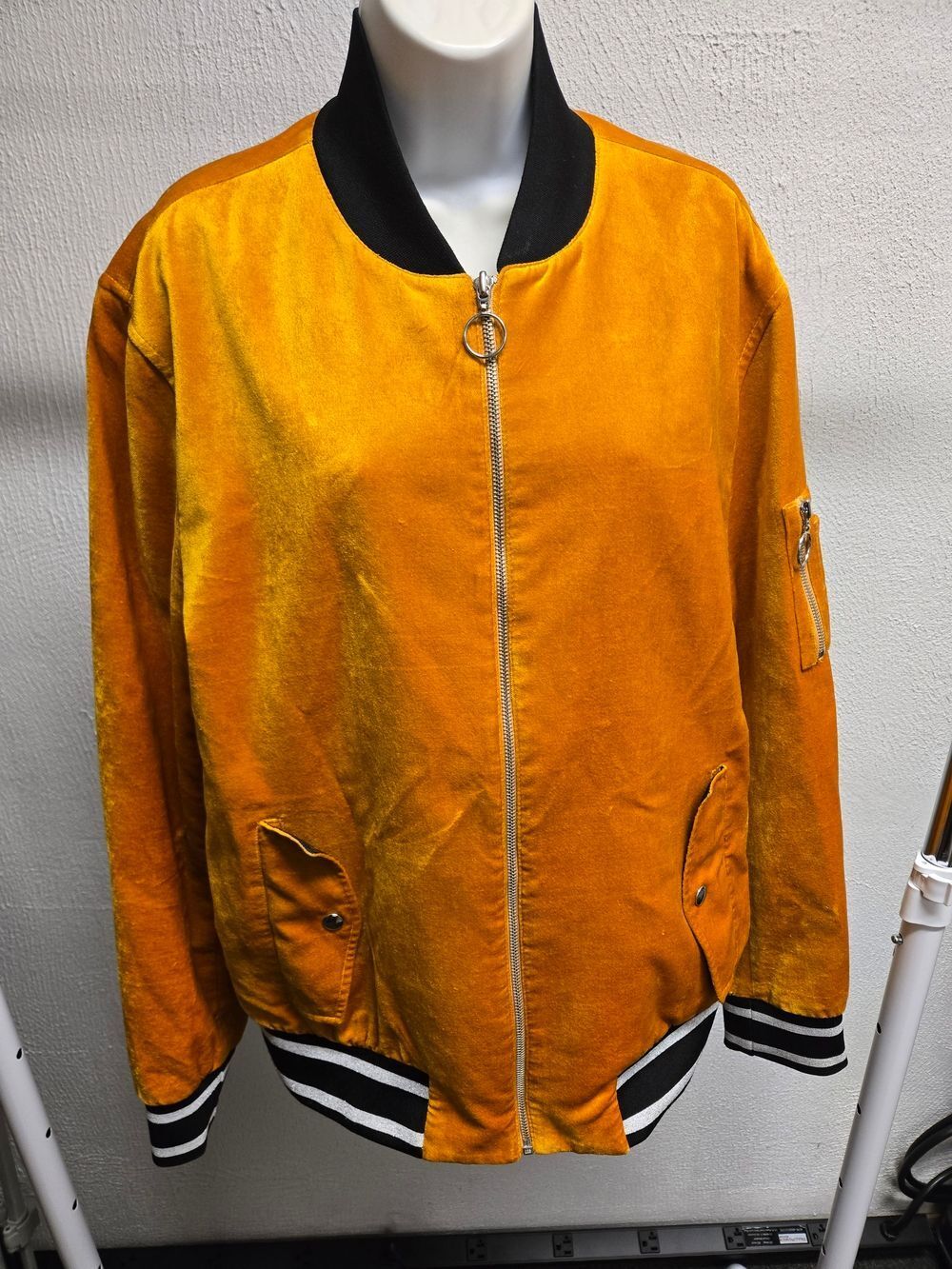 Bold Vintage Style Mustard Velvet Bomber Jacket with Black Trim Sparkled Cuffs